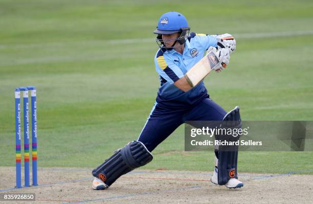 Katherine Brunt of Yorkshire Diamonds batting during the Kia Super League between Yorkshire Diamonds v Western Storm at York on August 20, 2017 in...