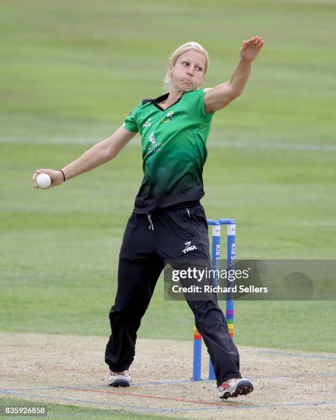 Claire Nicholas of Western Storm bowling during the Kia Super League between Yorkshire Diamonds v Western Storm at York on August 20, 2017 in York,...