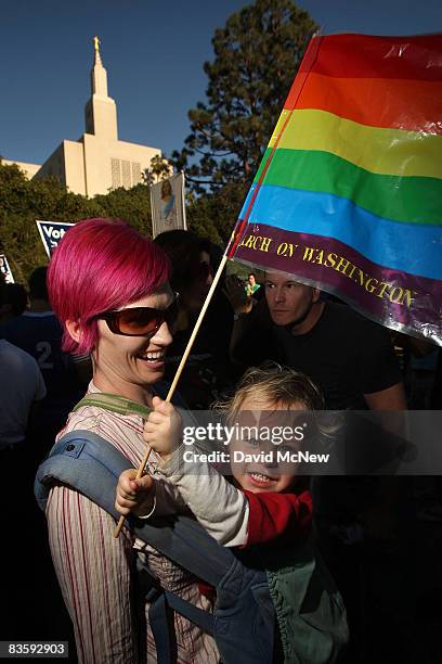Phelan Lecklenburg, 21 months, waves a rainbow flag as she and her lesbian mother Jean MacDonald join hundreds of supporters of same-sex marriage...