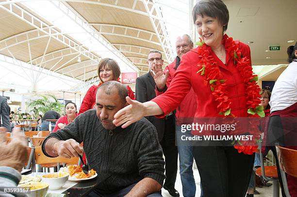 New Zealand's Labour Prime Minister Helen Clark greets supporters while a man eats his lunch as she tours a shopping centre in Auckland's western...