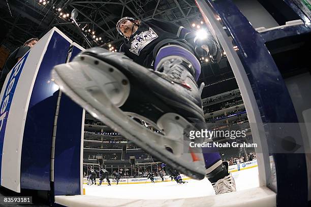 Drew Doughty of the Los Angeles Kings heads to the bench during warmups prior to the game against the Florida Panthers at Staples Center November 6,...