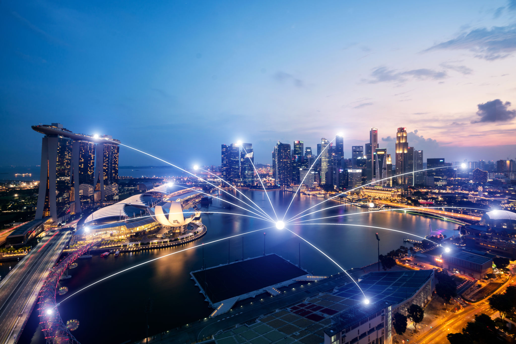Network business connection system on Singapore smart city scape in background.Network business connection concept Network business connection system on Singapore smart city scape in background.Network business connection concept