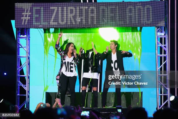 Pau Zurita, Juanpa Zurita and Andy Zurita get slimed on stage during the Nickelodeon Kids' Choice Awards Mexico 2017 at Auditorio Nacional on August...