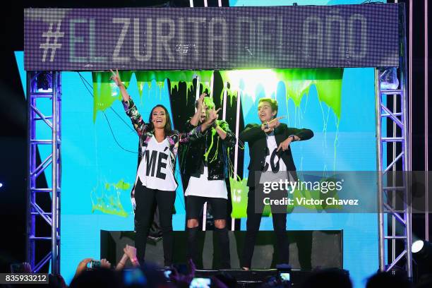 Pau Zurita, Juanpa Zurita and Andy Zurita get slimed on stage during the Nickelodeon Kids' Choice Awards Mexico 2017 at Auditorio Nacional on August...