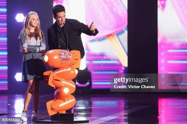 Loreto Peralta and guest speak onstage during the Nickelodeon Kids' Choice Awards Mexico 2017 at Auditorio Nacional on August 19, 2017 in Mexico...