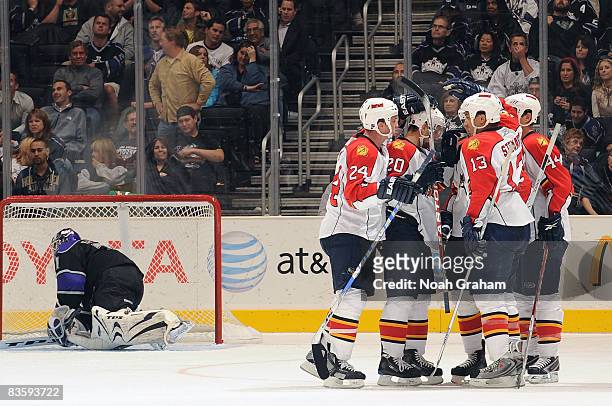 The Florida Panthers celebrate a third period goal from teammate Nathan Horton against the Los Angeles Kings during the game at Staples Center...