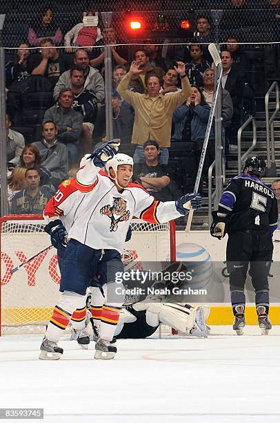 Anthony Stewart of the Florida Panthers celebrates a third period goal he assisted on against the Los Angeles Kings during the game at Staples Center...