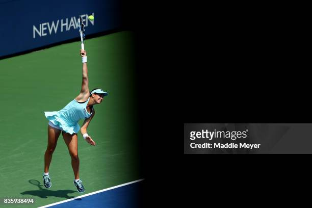 Jana Cepelova of Slovakia serves to Christina McHale of the United States during Day 3 of the Connecticut Open at Connecticut Tennis Center at Yale...