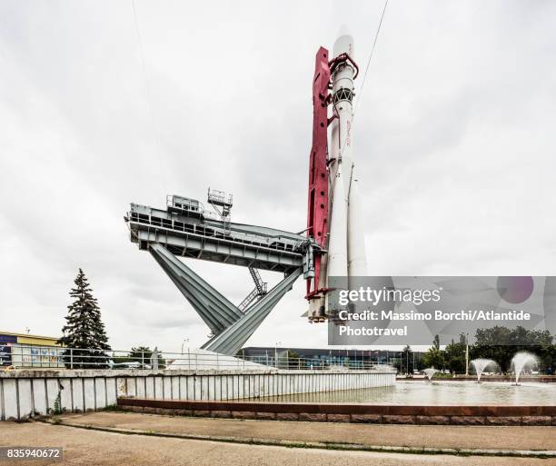 view of the model of the rocket vostok-1 - rocket model stock pictures, royalty-free photos & images