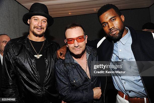 Kid Rock, Bono and Kanye West pose Backstage the 2008 MTV Europe Music Awards held at at the Echo Arena on November 6, 2008 in Liverpool, England.