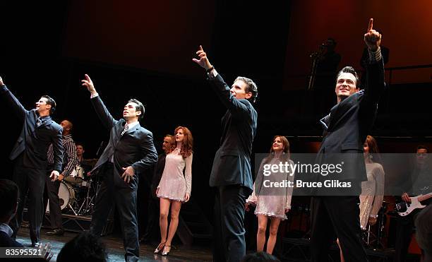 The Jersey Boys" Dominic Nolfi, Dominic Scaglione Jr., Sebastian Arcelus and Matt Bogart perform during a celebration for "Jersey Boys" third year on...