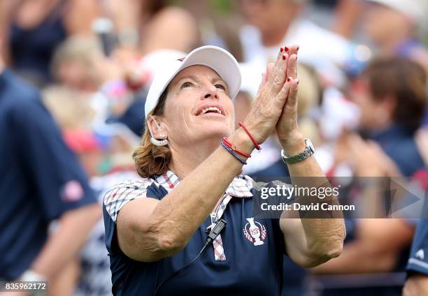 Juli Inkster the United States team captain is jubilant on the 18th green as the USA clinched a 16.5 to 11.5 overall victory against the European...