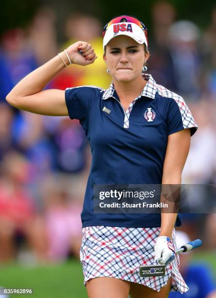 Lexi Thompson of Team USA celebrates during the final day singles matches of The Solheim Cup at Des Moines Golf and Country Club on August 20, 2017...