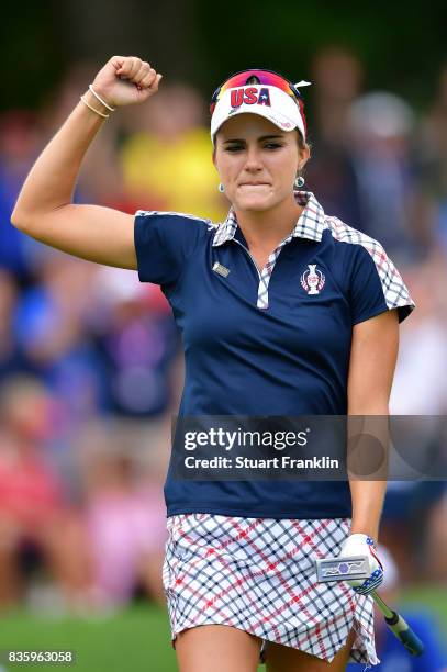 Lexi Thompson of Team USA celebrates during the final day singles matches of The Solheim Cup at Des Moines Golf and Country Club on August 20, 2017...