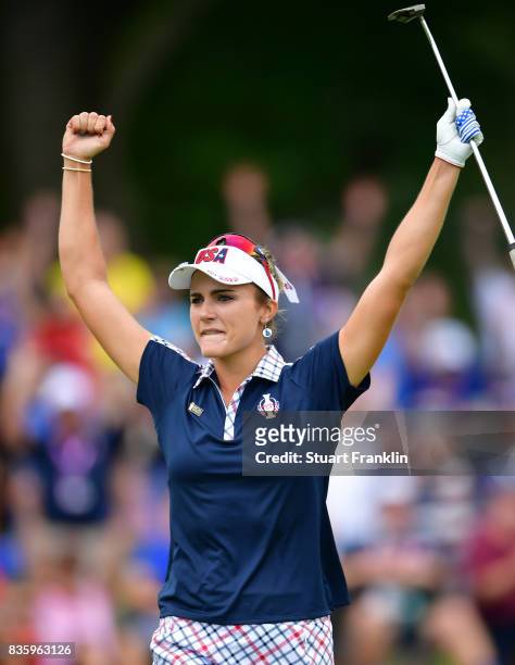 Lexi Thompson of Team USA celebrates during the final day singles matches of The Solheim Cup at Des Moines Golf and Country Club on August 20, 2017...