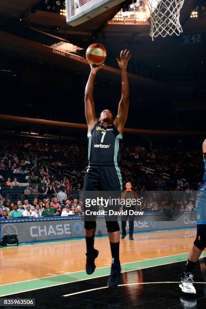 Kia Vaughn of the New York Liberty shoots the ball during the game against the Minnesota Lynx during the WNBA game on August 20, 2017 at the Madison...
