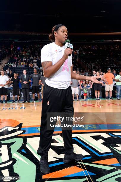 Kia Vaughn of the New York Liberty gives a speech to honor Unity Day before the game against the Minnesota Lynx during the WNBA game on August 20,...