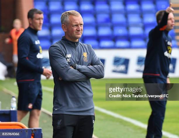 Liverpool U23 manager Neil Critchley watches the action during the Liverpool v Sunderland U23 Premier League game at Prenton Park on August 20, 2017...
