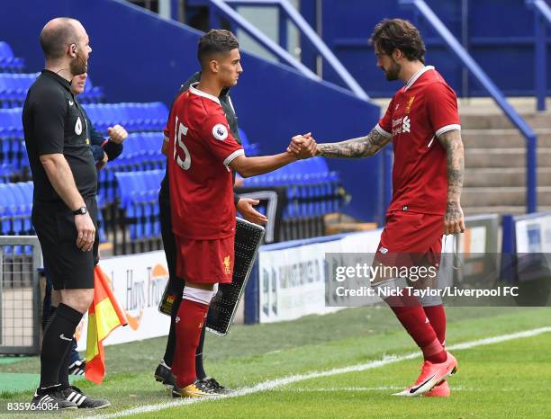 Danny Ings of Liverpool leaves the field replaced by Yan Dhanda during the Liverpool v Sunderland U23 Premier League game at Prenton Park on August...