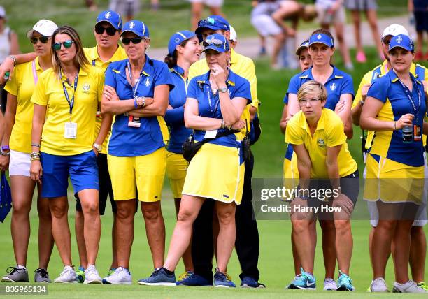 Annika Sorenstam of Team Europe watches the final match of the day as Team USA win 16 1/2 to 11 1/2 during the final day singles matches of the...