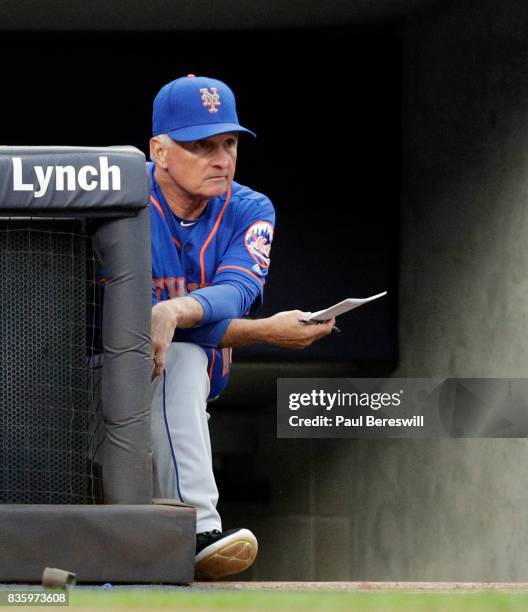 Manager Terry Collins of the New York Mets watches during an MLB baseball game against the New York Yankees on August 14, 2017 at Yankee Stadium in...