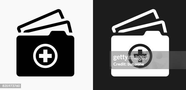 medical files icon on black and white vector backgrounds - medical history stock illustrations