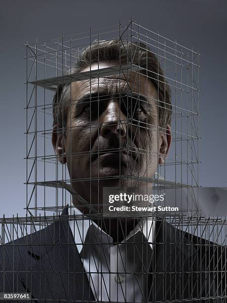 man's head surrounded by miniature scaffolding - people trapped stock pictures, royalty-free photos & images