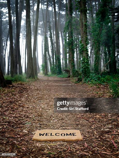 alfombrilla de suelo de bienvenida en la entrada al bosque - estera fotografías e imágenes de stock