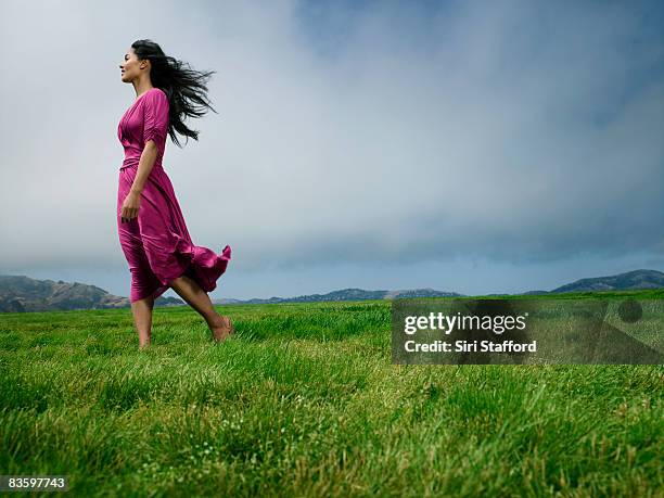 femme debout dans le champ pieds nus - cheveux dans le vent photos et images de collection