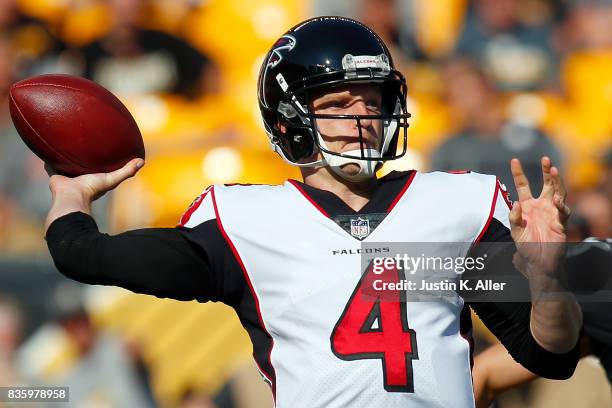 Matt Simms of the Atlanta Falcons drops back to pass against the Pittsburgh Steelers during a preseason game at Heinz Field on August 20, 2017 in...