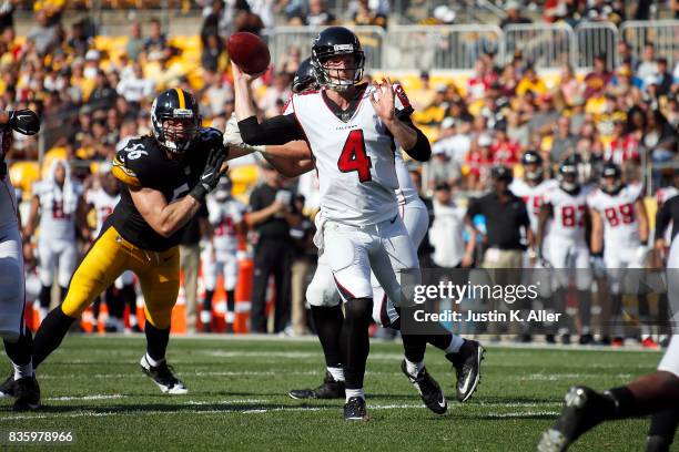 Matt Simms of the Atlanta Falcons looks to pass against the Pittsburgh Steelers during a preseason game at Heinz Field on August 20, 2017 in...