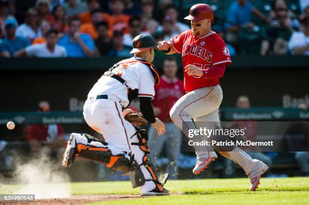 Kole Calhoun of the Los Angeles Angels of Anaheim avoids Caleb Joseph of the Baltimore Orioles as he scores a run on a RBI single hit by Cameron...