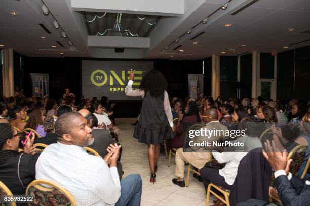 Director Tasha Smith is introduced at TV One's DC Premiere of When Love Kills: The Falicia Blakely Story, at the Newton White Mansion in...