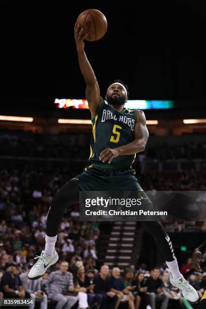 Xavier Silas of the Ball Hogs lays up the ball against the Killer 3s in week nine of the BIG3 three-on-three basketball league at KeyArena on August...