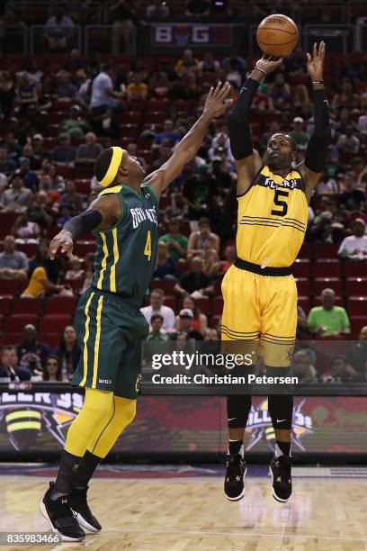 Stephen Jackson of the Killer 3s shoots the ball over Derrick Byars of the Ball Hogs in week nine of the BIG3 three-on-three basketball league at...