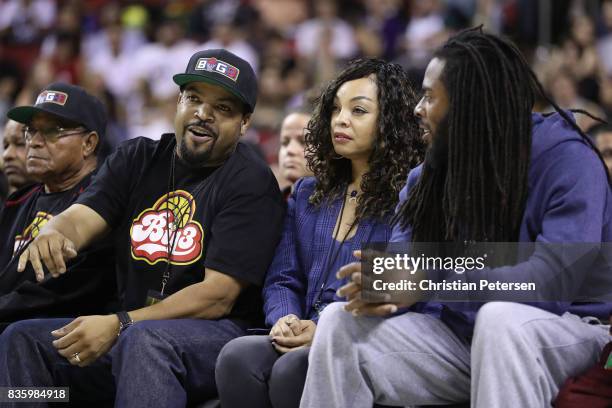 Co-founder Ice Cube talks with Richard Sherman of the Seattle Seahawks while attending week nine of the BIG3 three-on-three basketball league at...