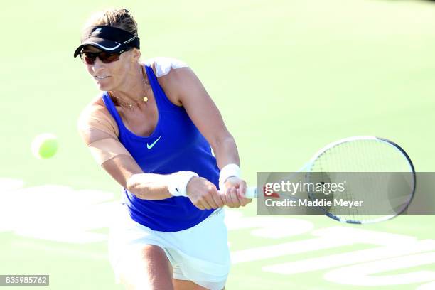 Mirjana Lucic-Baroni of Croatia celebrates during her match against Anett Kontaveit of Estonia during Day 3 of the Connecticut Open at Connecticut...