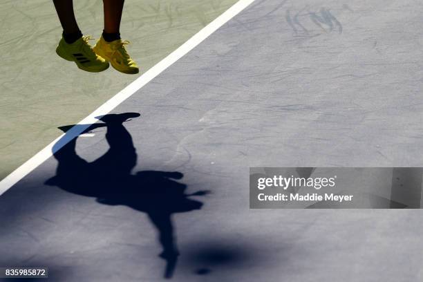 Anett Kontaveit of Estonia serves to Mirjana Lucic-Baroni of Croatia during Day 3 of the Connecticut Open at Connecticut Tennis Center at Yale on...