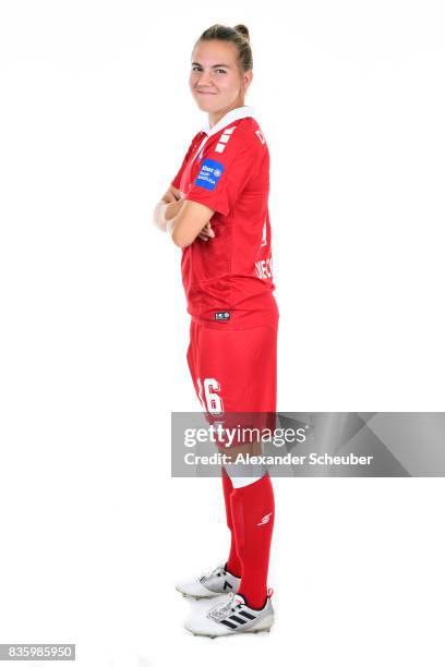 Rieke Dieckmann of MSV Duisburg poses during the Allianz Frauen Bundesliga Club Tour at MSV Duisburg on August 17, 2017 in Duisburg, Germany.