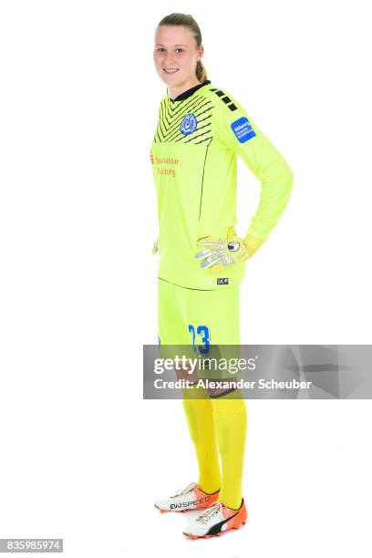 Lena Nuding of MSV Duisburg poses during the Allianz Frauen Bundesliga Club Tour at MSV Duisburg on August 17, 2017 in Duisburg, Germany.