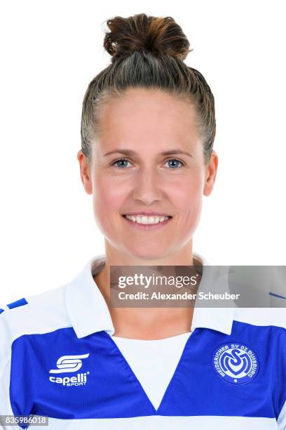 Kathleen Radtke of MSV Duisburg poses during the Allianz Frauen Bundesliga Club Tour at MSV Duisburg on August 17, 2017 in Duisburg, Germany.