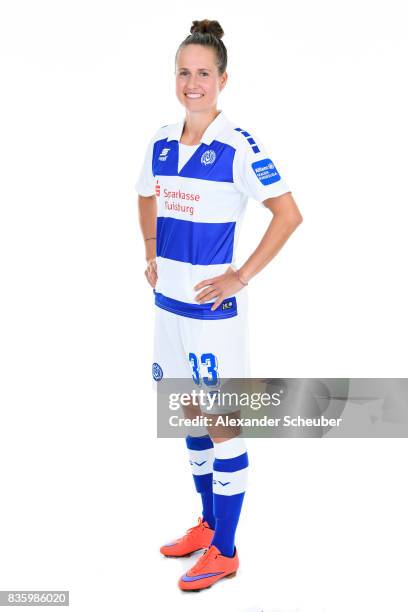 Kathleen Radtke of MSV Duisburg poses during the Allianz Frauen Bundesliga Club Tour at MSV Duisburg on August 17, 2017 in Duisburg, Germany.