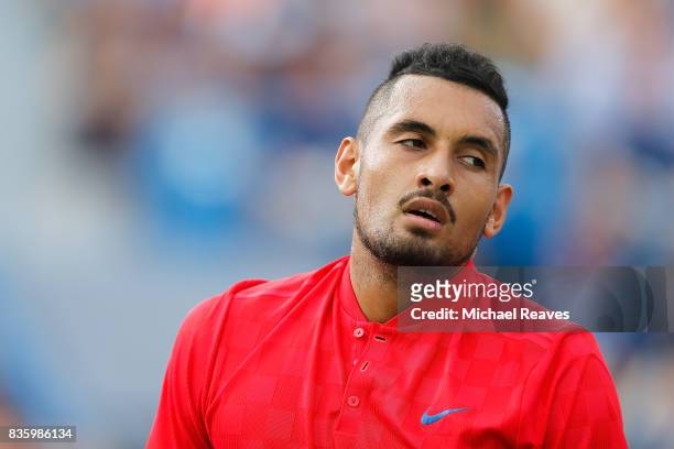 Nick Kyrgios of Austrailia reacts against Grigor Dimitrov of Bulgaria in the men's final on Day 9 of the Western and Southern Open at the Linder...