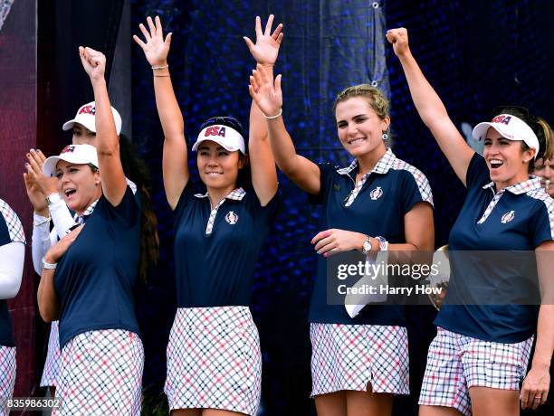 Cristie Kerr, Danielle Kang, Lexi Thompson and Gerina Piller of Team USA celebrate on stage at closing ceremony after beating Team Europe 16 1/2 to...