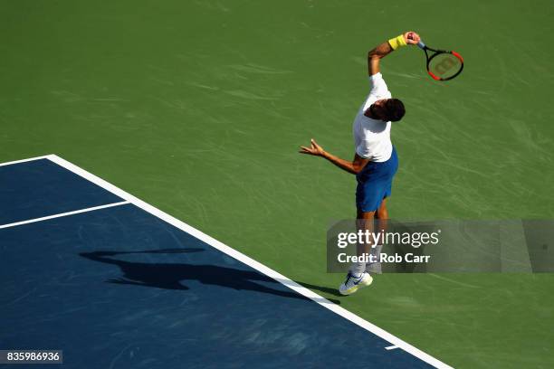 Grigor Dimitrov of Bulgaria serves to Nick Kyrgios of Australia during the men's final during Day 9 of of the Western and Southern Open at the Linder...