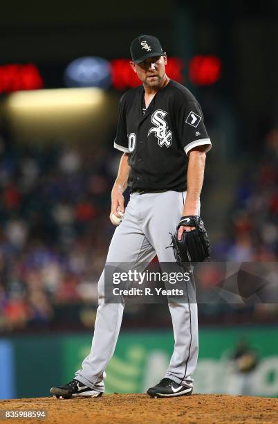 Mike Pelfrey of the Chicago White Sox throws in the seventh inning against the Texas Rangers at Globe Life Park in Arlington on August 18, 2017 in...