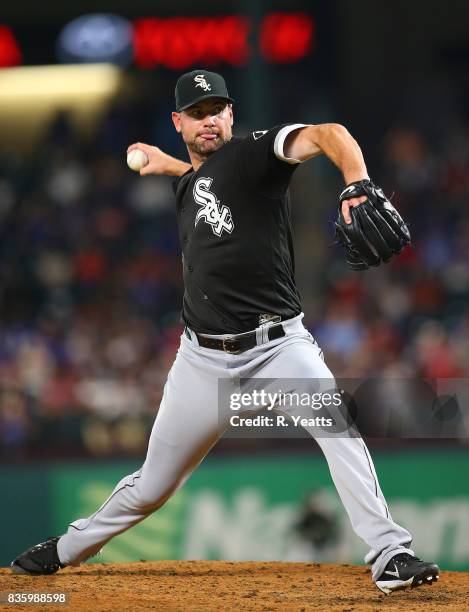 Mike Pelfrey of the Chicago White Sox throws in the seventh inning against the Texas Rangers at Globe Life Park in Arlington on August 18, 2017 in...