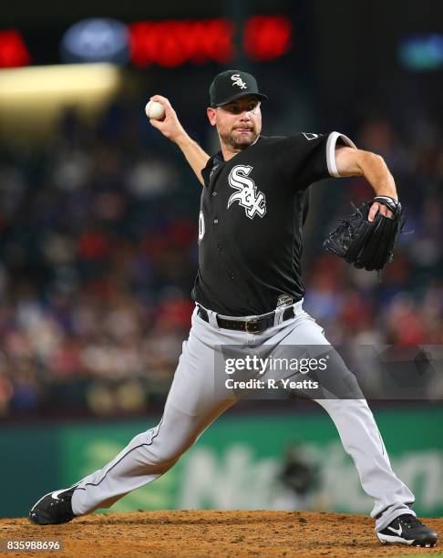 Mike Pelfrey of the Chicago White Sox throws in the seventh inning against the Texas Rangers at Globe Life Park in Arlington on August 18, 2017 in...