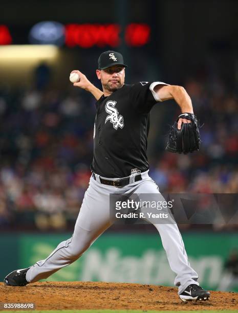 Mike Pelfrey of the Chicago White Sox throws in the seventh inning against the Texas Rangers at Globe Life Park in Arlington on August 18, 2017 in...