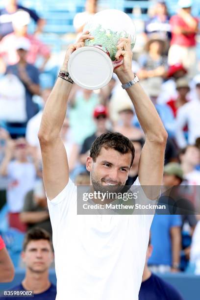 Grigor Dimitrov of Bulgaria celebrates his win over Nick Kyrgios of Australia during the men's final on day 9 of the Western & Southern Open at the...